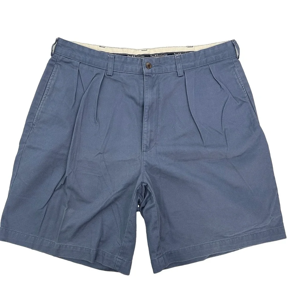VTG Polo Ralph Lauren Chino Tyler Shorts Mens Fits 35 Y2K Two Pleats Baggy Blue